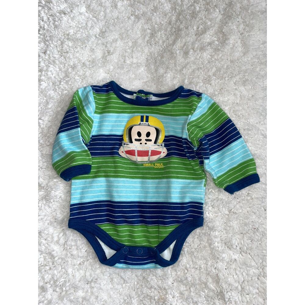 Small Paul boys sz. 3 month long sleeved striped bottom snap football top. Cute